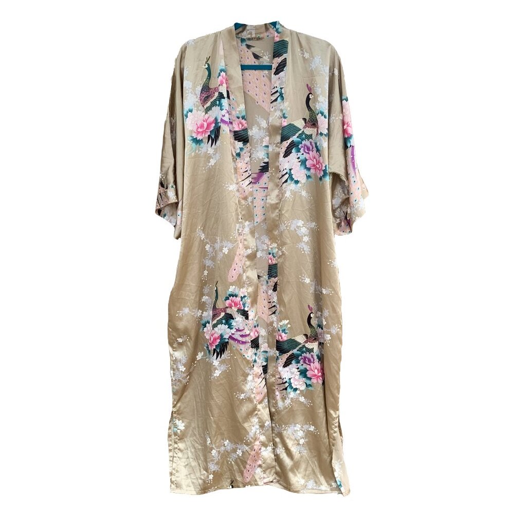 Peacock Kimono Bat Wing‎ Sleeves Golden Beige Orchids Floral No Belt Size XL